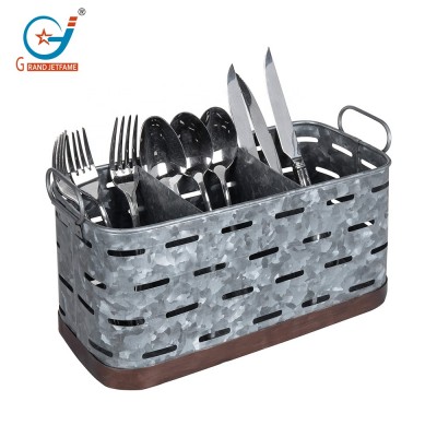 restaurant 3-Compartment decorative Galvanized Metal Kitchen Utensil Holder with Handles